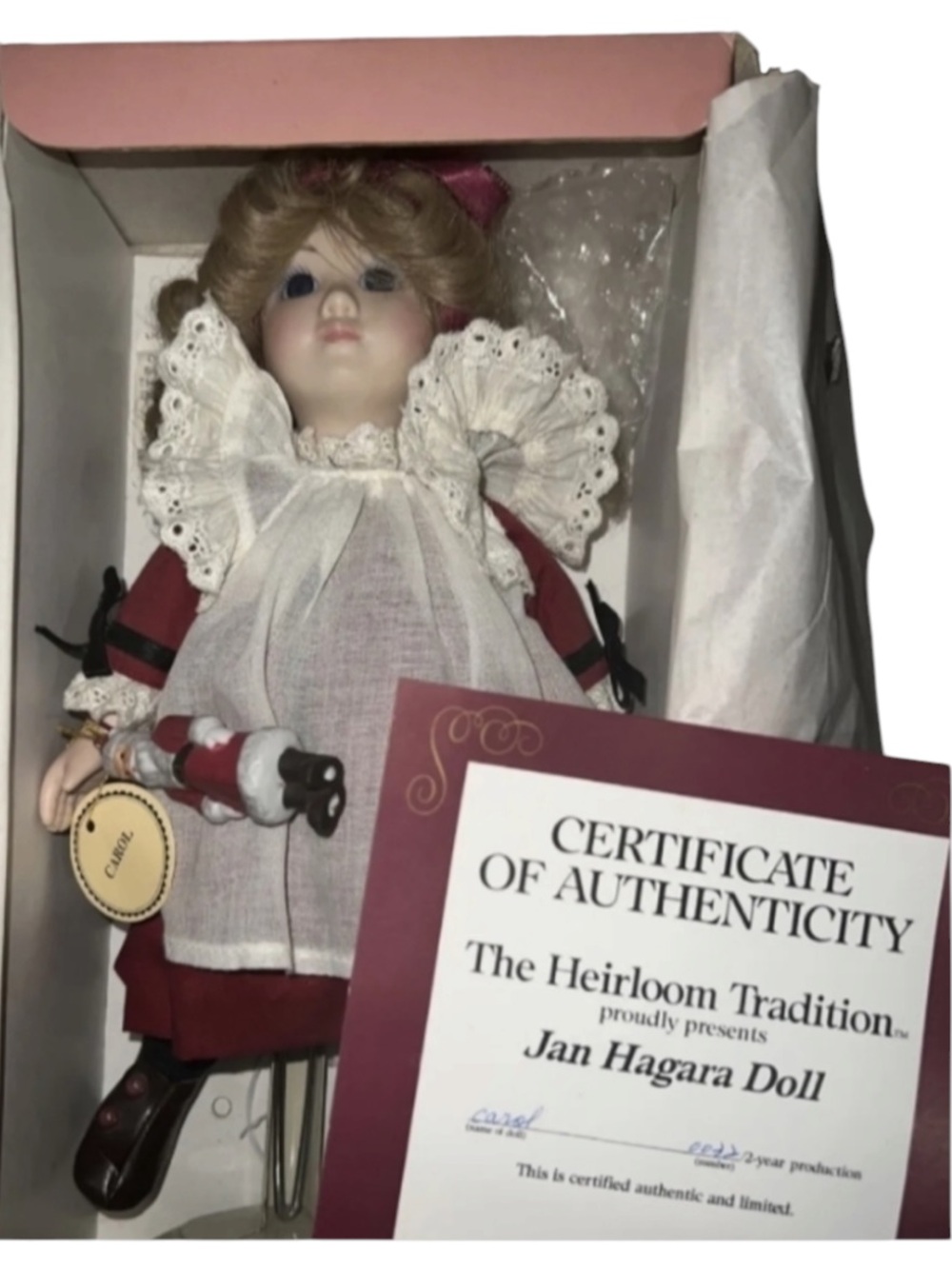 JAN Hagara Doll “Carol” With Santa new In  Box COA Stand